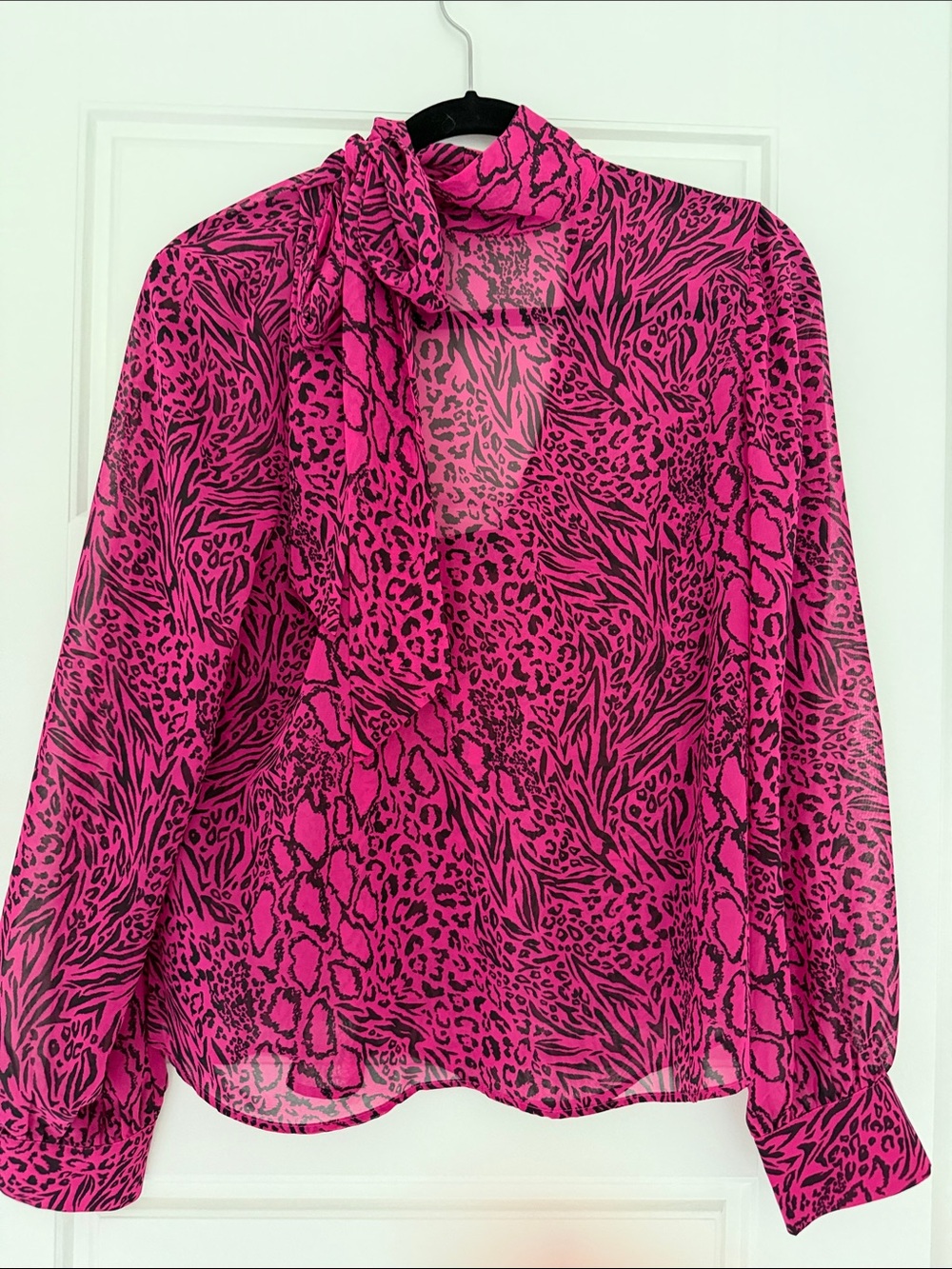 Divided H&M Pink Animal-Print Tie-Neck Blouse